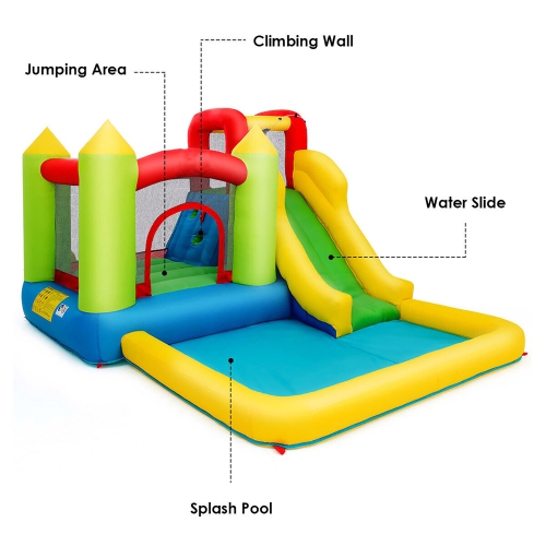 Gymax Inflatable Bounce House Water Slide Bouncer Pool w/ Climbing Wall & 550W Blower