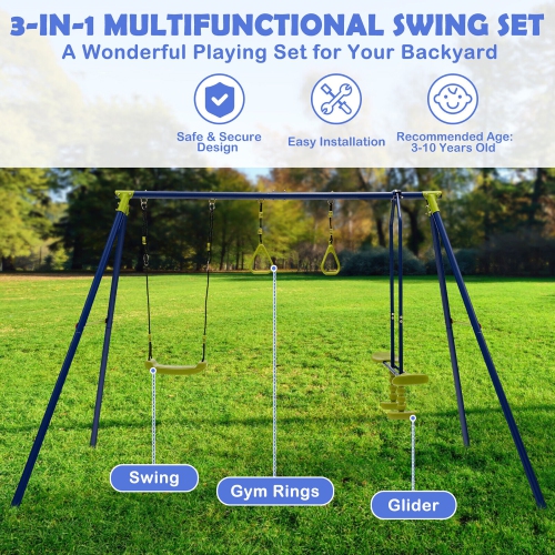 Gymax 440 lbs Swing Set 3-in-1 Kids Swing Stand w/ Swing Gym Rings Glider for Backyard