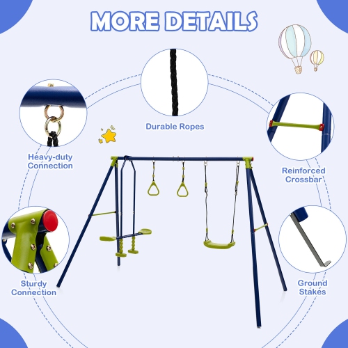 Gymax 440 lbs Swing Set 3-in-1 Kids Swing Stand w/ Swing Gym Rings Glider for Backyard