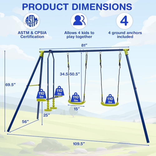 Gymax 440 lbs Swing Set 2-in-1 Kids Swing Stand w/ Two Swings & One Glider for Backyard