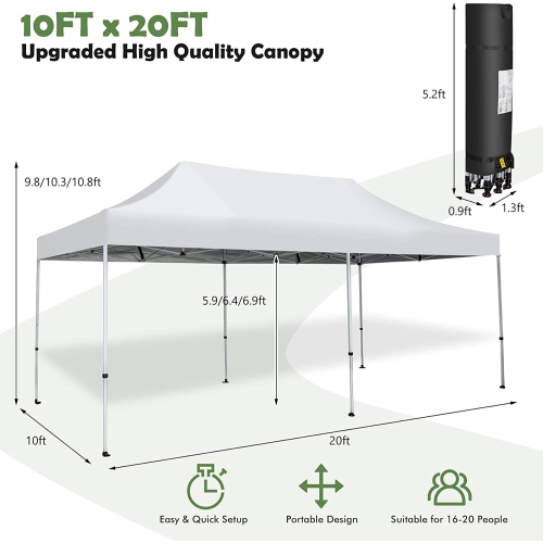 Gymax 10 x 20FT Patio Pop-Up Folding Canopy Tent UPF 50+ Instant Sun Shelter White
