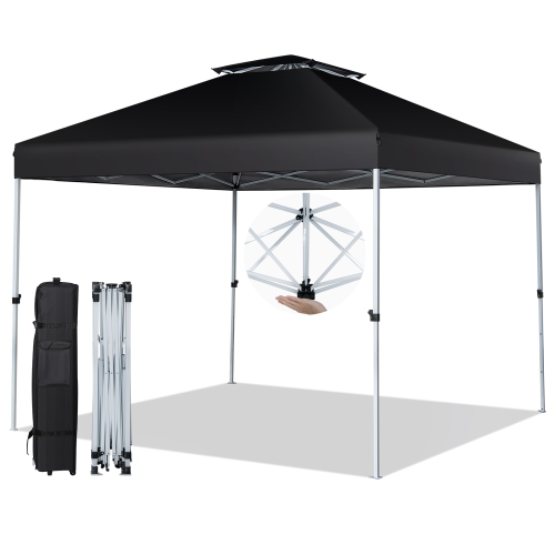 GYMAX  2-Tier 10' X 10' Pop-Up Canopy Tent Instant Gazebo Adjustable Carry Bag W/ Wheel