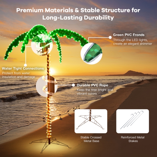 Gymax 7ft Pre-lit LED Rope Light Palm Tree Hawaii-Style Holiday Decor w/ 306 LED Lights