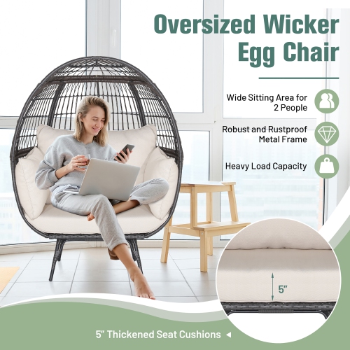 Gymax Patio Rattan Wicker Lounge Chair Oversized Outdoor Metal Frame Egg Chair w/ 4 Cushions White