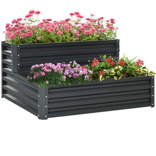 Outsunny 2 Tier Raised Garden Bed, 47" x 40" x 23" Galvanized Steel Planter Box for Vegetables, Flowers, and Herbs, Dark Grey