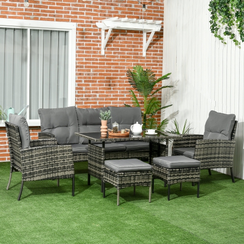 Outsunny 6 Piece Patio Furniture Set with Patio Chairs, Ottomans, Sofa, Glass Top Table and Cushions, Wicker Rattan Outdoor Furniture Set for
