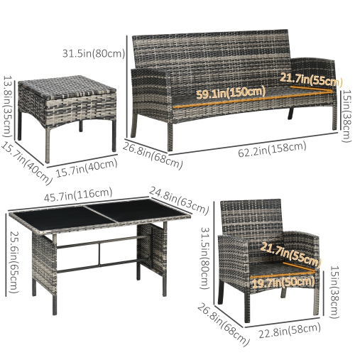 Outsunny 6 Piece Patio Furniture Set with Patio Chairs, Ottomans, Sofa, Glass Top Table and Cushions, Wicker Rattan Outdoor Furniture Set for