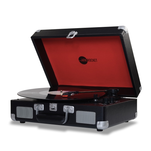 Tourne-disque Bluetooth rétro Curiosity d’ArkRocket avec 3 vitesses et haut-parleurs intégrés - Noir/Rouge