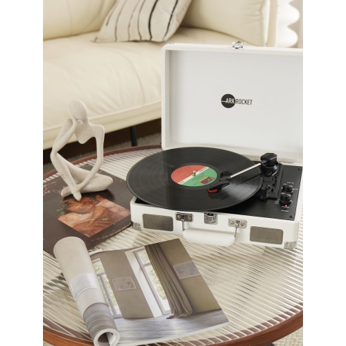 Tourne-disque Bluetooth rétro Curiosity d’ArkRocket avec 3 vitesses et haut-parleurs intégrés - Blanc