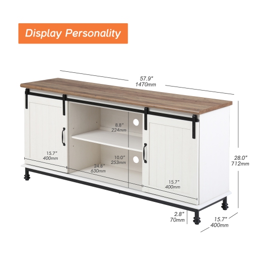 Farmhouse LED TV Stand Sliding Barn Door Entertainment Center for TV up to 65 Inch with USB Yellow Lights Strip, Wood Console Table Storage Cabinet