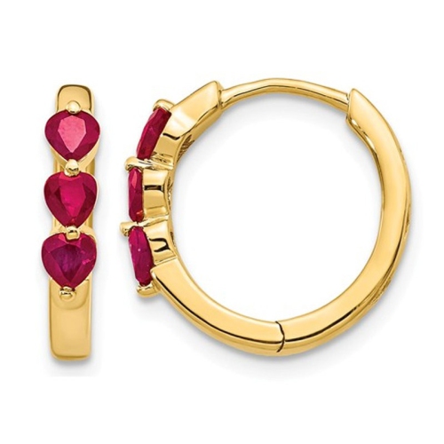 4/5 Carat Ruby Heart Hoop Earrings in 14K Yellow Gold