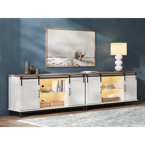 WAMPAT Farmhouse LED TV Stand for TVs Up to 85" Set of 2,Sliding Barn Door Entertainment Center Cabinet Table with Storage& Adjustable Shelves for