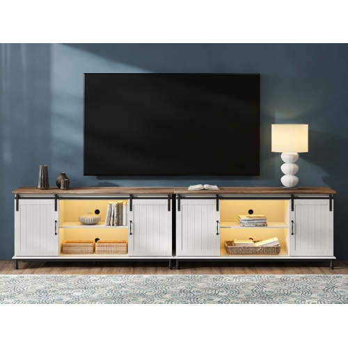WAMPAT Farmhouse LED TV Stand for TVs Up to 85" Set of 2,Sliding Barn Door Entertainment Center Cabinet Table with Storage& Adjustable Shelves for