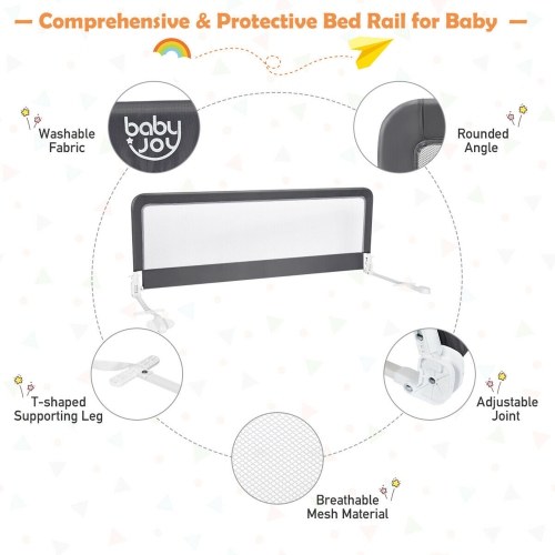 Gymax 59'' Breathable Baby Children Toddlers Bed Rail Guard Safety Swing Down Gray