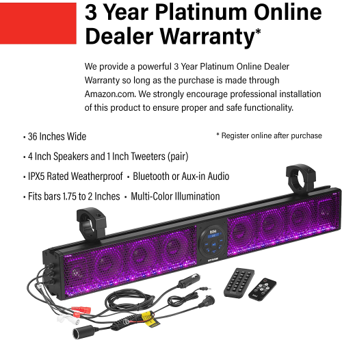 Boss BRT36RGB barre de son VTT/VUTT cotée IPX5, amplificateur de classe A/B intégré, Bluetooth interne, 36 po