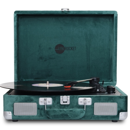 ARKROCKET  Curiosity Bluetooth Turntable Retro Suitcase 3-Speed Record Player With Built-In Speakers-Green Velvet