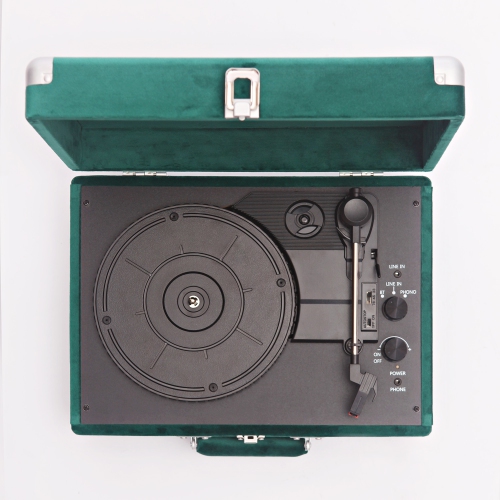 Arkrocket Curiosity Bluetooth Turntable Retro Suitcase 3-Speed Record Player with Built-in Speakers-Green Velvet
