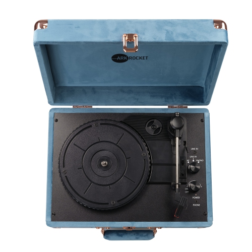 Arkrocket Curiosity Bluetooth Turntable Retro Suitcase 3-Speed Record Player with Built-in Speakers-Ocean Velvet