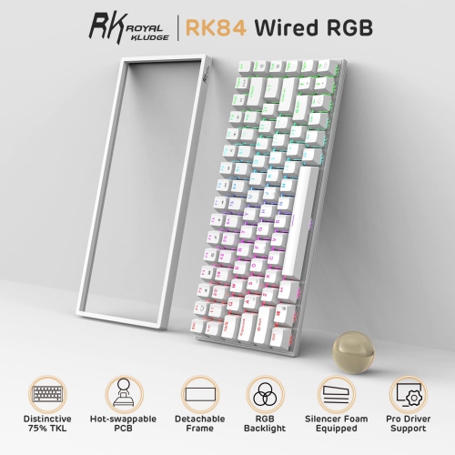 RK ROYAL KLUDGE RK84 Wired RGB 75% Hot Swappable Mechanical Keyboard, 84 Keys Tenkeyless TKL Gaming Keyboard w/Programmable Software and