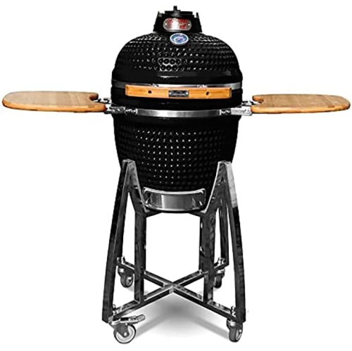 Ceramic Kamado BBQ Grill - Black - 18" with Stand and Bamboo Sideboard