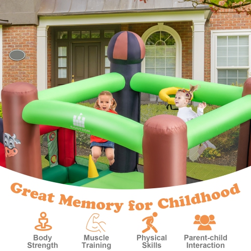 Patiojoy Inflatable Bounce House with 735W Blower 6-in-1 Bouncer Castle w/ Double Slides Jump Area Ocean Balls Basketball Rim for Kids Aged 3+