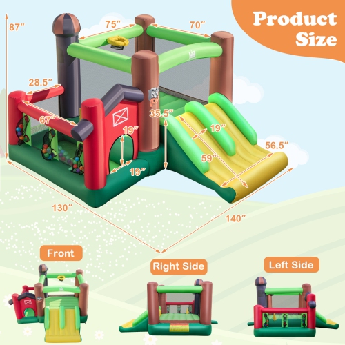 Patiojoy Inflatable Bounce House with 735W Blower 6-in-1 Bouncer Castle w/ Double Slides Jump Area Ocean Balls Basketball Rim for Kids Aged 3+
