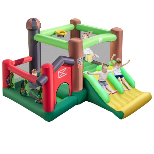TOPBUY  Patiojoy Inflatable Bounce 6-In-1 Bouncer Castle W/ Double Slides Jump Area Ocean Balls Basketball Rim for Kids Aged 3+ Indoor/outdoor