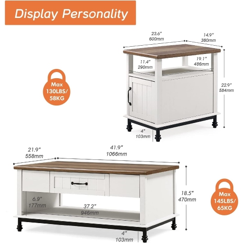 WAMPAT Farmhouse Living Room Furniture Set of 3, 42" White Coffee Table Set with 2 Pack 24" Matching Narrow Storage End Side Tables, White & Oak,