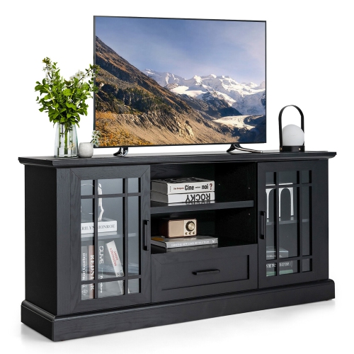 Gymax Farmhouse TV Stand for TVs up to 70 Media Center w Glass Doors Cubbies Drawer