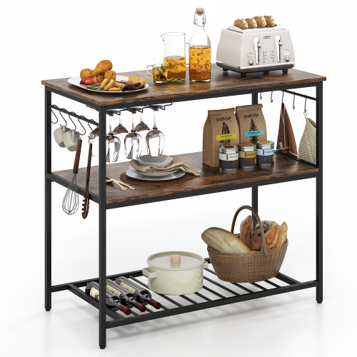 Gymax Kitchen Island 3-Tier Prep Table with Wine Glass Holders Large Worktop