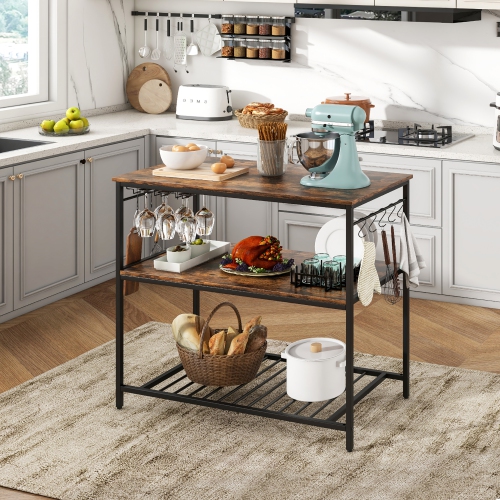 Gymax Kitchen Island 3-Tier Prep Table with Wine Glass Holders Large Worktop