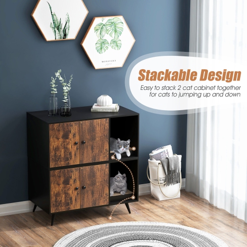 Gymax Cat Litter Box Enclosure w/ Cat Litter Catch Indoor Cat Cabinet for Living Room