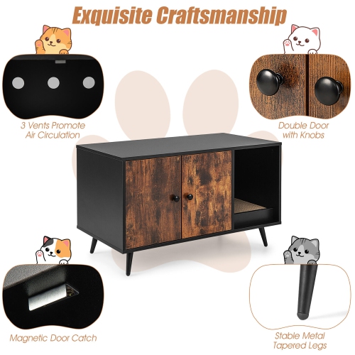 Gymax Cat Litter Box Enclosure w/ Cat Litter Catch Indoor Cat Cabinet for Living Room