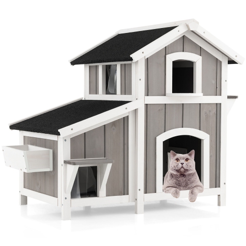 GYMAX  Outdoor Feral Cat House 2-Story Wooden Kitty Shelter With Escape Door