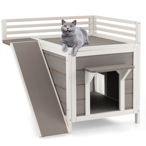 GYMAX  Outdoor Feral Cat House Wooden Kitty Shelter With Balcony & Slide