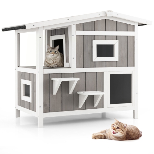 GYMAX  Outdoor Feral Cat House 2-Story Wooden Cat Shelter With Escape Door