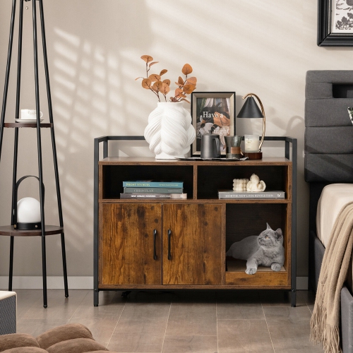 Gymax Large Litter Box Enclosure Cat Wooden Storage Cabinet with 2 Doors