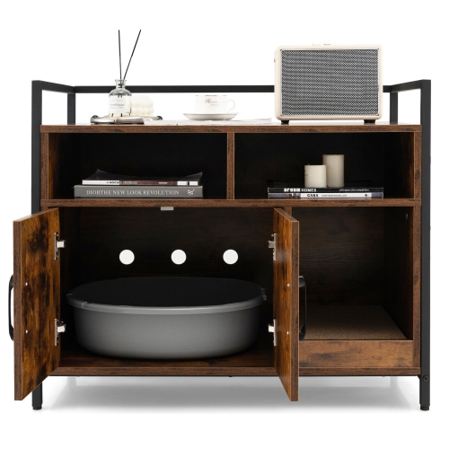 Gymax Large Litter Box Enclosure Cat Wooden Storage Cabinet with 2 Doors