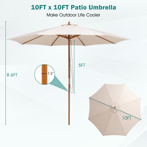 Parasol de patio extérieur de 10 pi Topbuy avec soulèvement de poulie en bambou à 8 nervures et trou d'aération beige