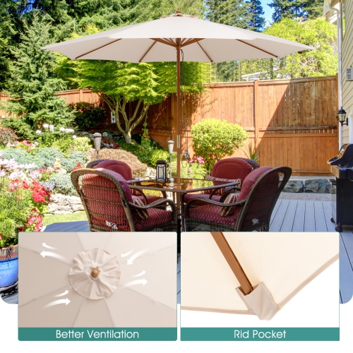 Parasol de patio extérieur de 10 pi Topbuy avec soulèvement de poulie en bambou à 8 nervures et trou d'aération beige