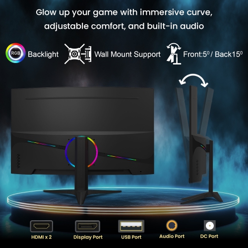 HAJAAN 27 Inch FHD Curved Gaming Monitor with RGB Backlight - 200Hz Refresh Rate | Wall Mount Support | HDMI, DP, USB Port -