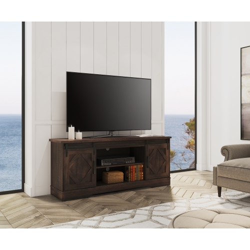 WAMPAT Espresso LED Farmhouse TV Stand with USB Blue Lights Strip for 55/65 Inch Flat Screen, Wood Media Console Table with Sliding Barn Doors,