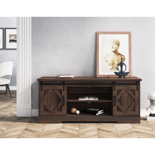 WAMPAT Espresso LED Farmhouse TV Stand with USB Blue Lights Strip for 55/65 Inch Flat Screen, Wood Media Console Table with Sliding Barn Doors,