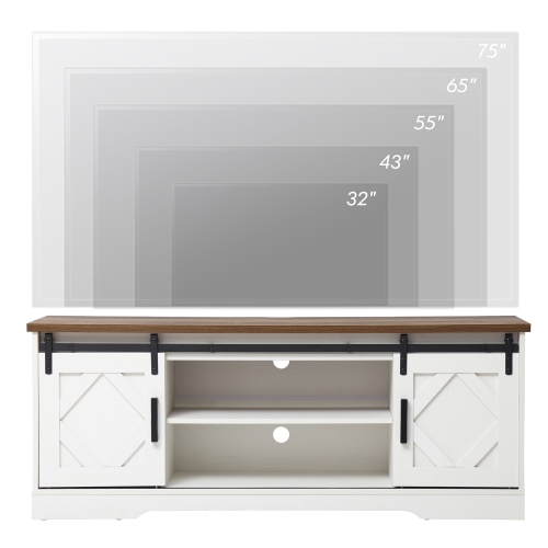 White LED Farmhouse TV Stand with USB Blue Lights Strip for 55/65 Inch Flat Screen, Wood Media Console Table with Sliding Barn Doors, 59"