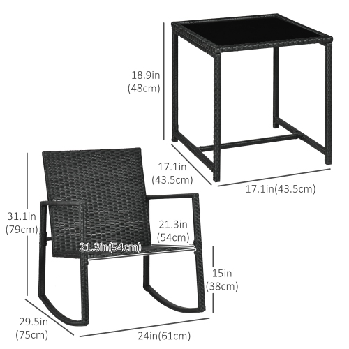 Outsunny 3 Pieces Rocking Bistro Set, Outdoor Wicker Patio Furniture with Glass Coffee Table and Outside Rocking Chairs for Porch, Conversation Sets