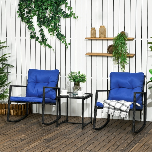 Outsunny 3 Pieces Rocking Bistro Set, Outdoor Wicker Patio Furniture with Glass Coffee Table and Outside Rocking Chairs for Porch, Conversation Sets