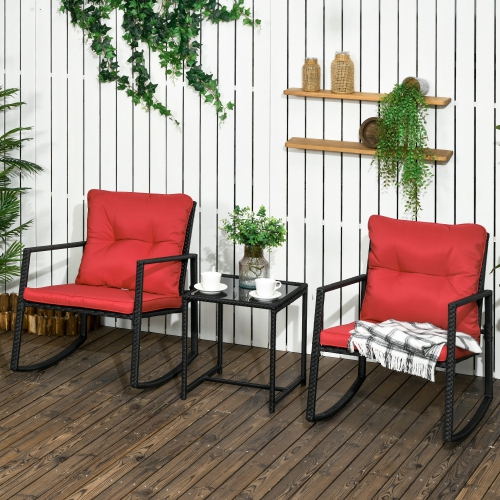 Outsunny 3 Pieces Rocking Bistro Set, Outdoor Wicker Patio Furniture with Glass Coffee Table and Outside Rocking Chairs for Porch, Conversation Sets