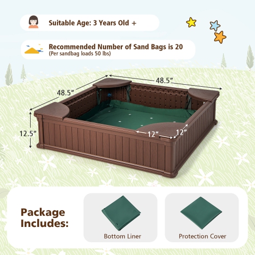 Gymax Kids Outdoor Sandbox 48.5'' x 48.5'' x 12.5'' Large HDPE Sandpit with Oxford Cover