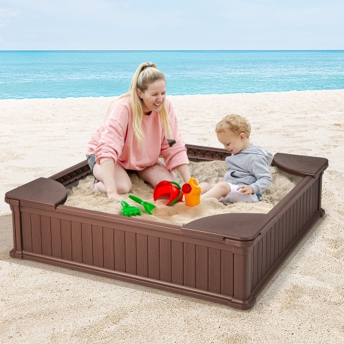 Gymax Kids Outdoor Sandbox 48.5'' x 48.5'' x 12.5'' Large HDPE Sandpit with Oxford Cover