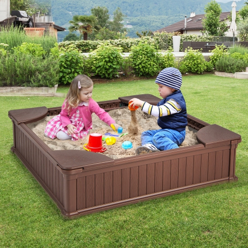 Gymax Kids Outdoor Sandbox 48.5'' x 48.5'' x 12.5'' Large HDPE Sandpit with Oxford Cover